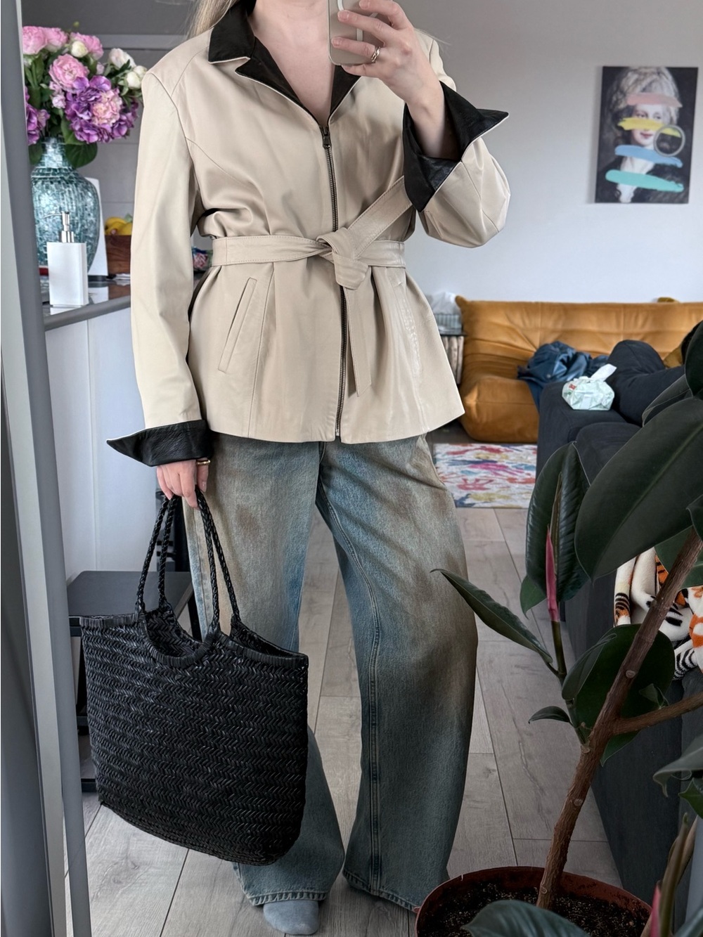 Italian Leather Jacket POKER Florence | Ivory & Black | Belted